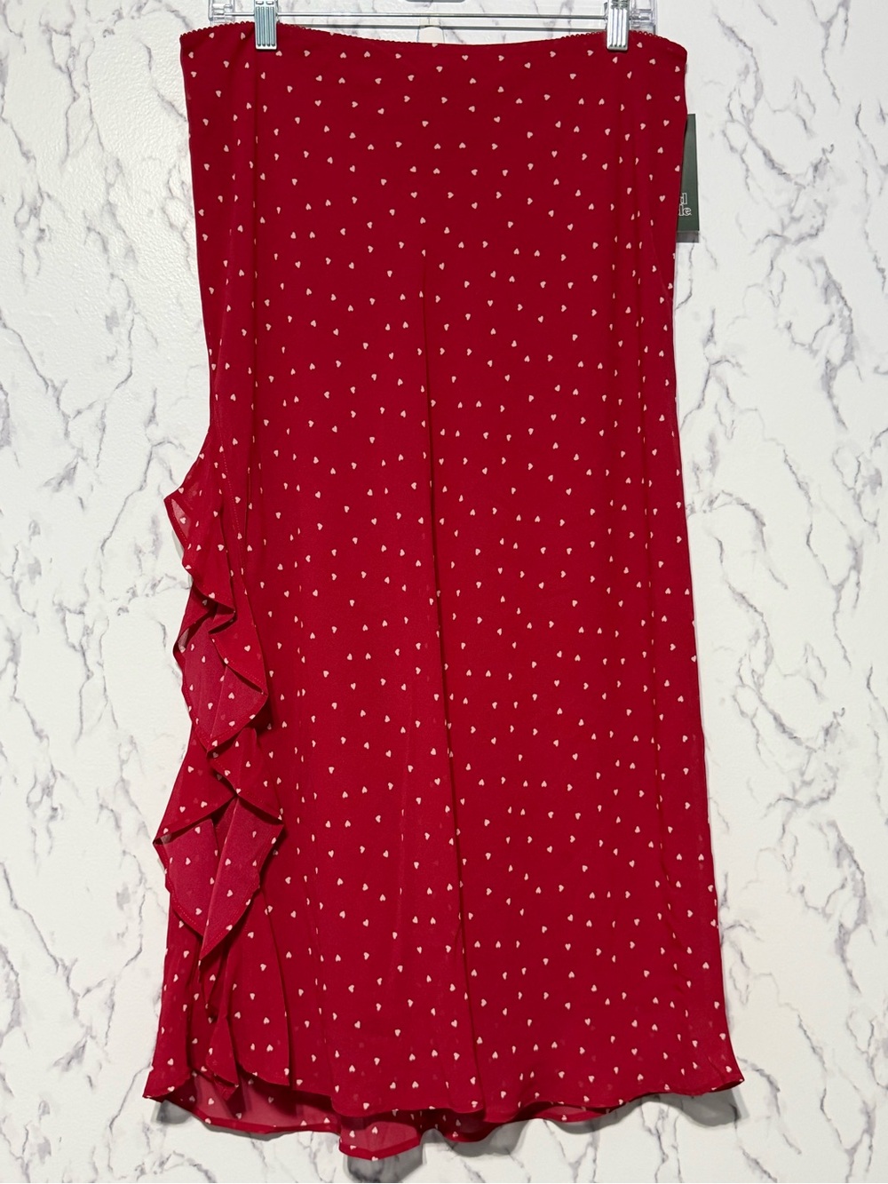 Wild Fable Women’s Chiffon Ruffle Midi Skirt – Red with White Hearts | NWT